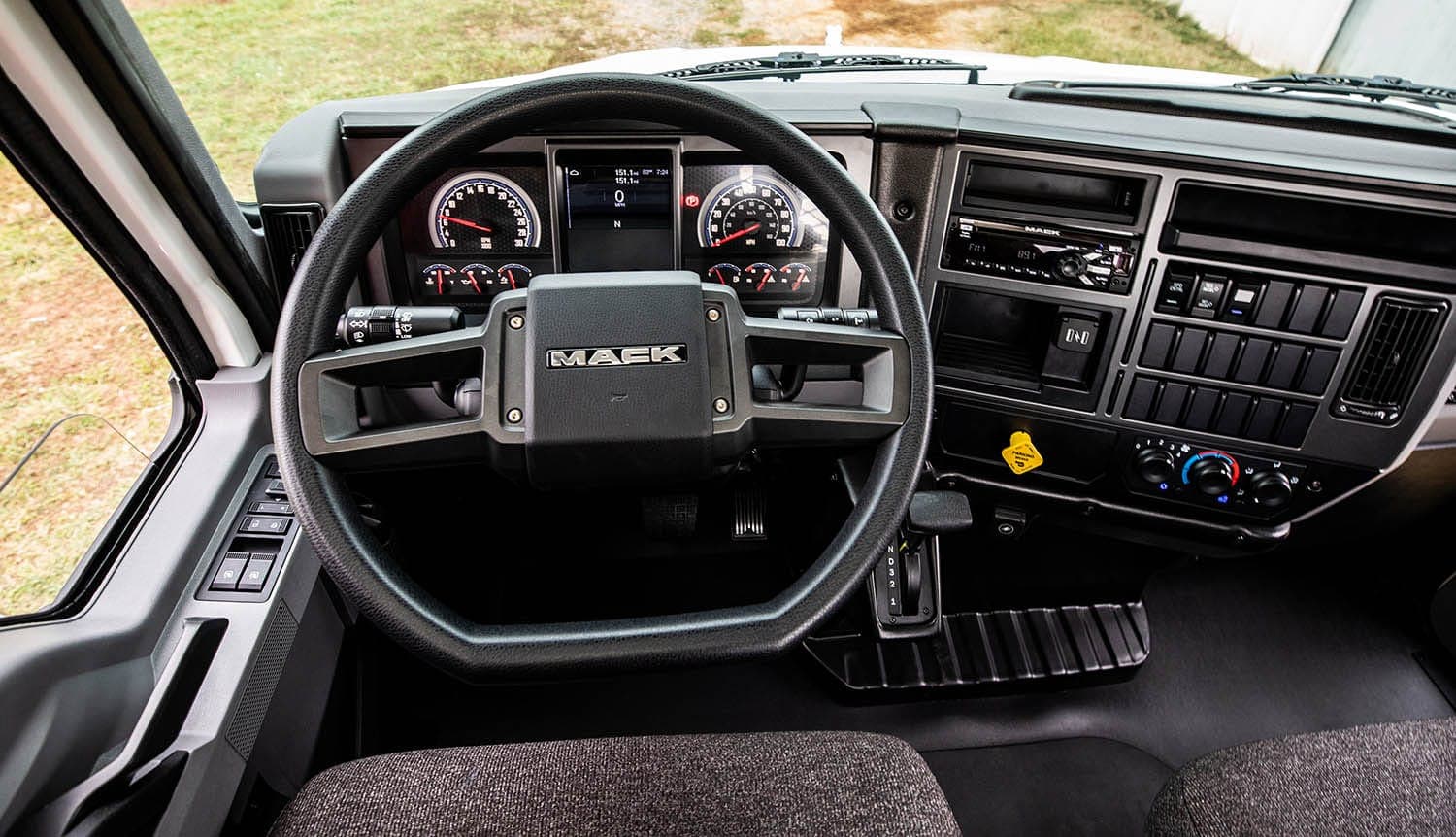 Interior of Mack MD with steering wheel and dashboard