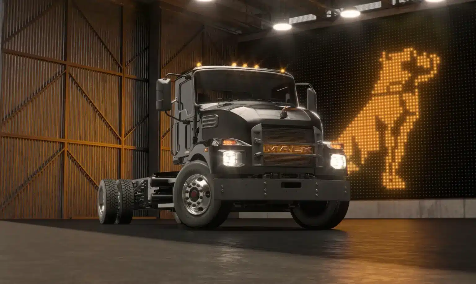 Black Mack MD Electric in a garage with a large bulldog graphic on the wall