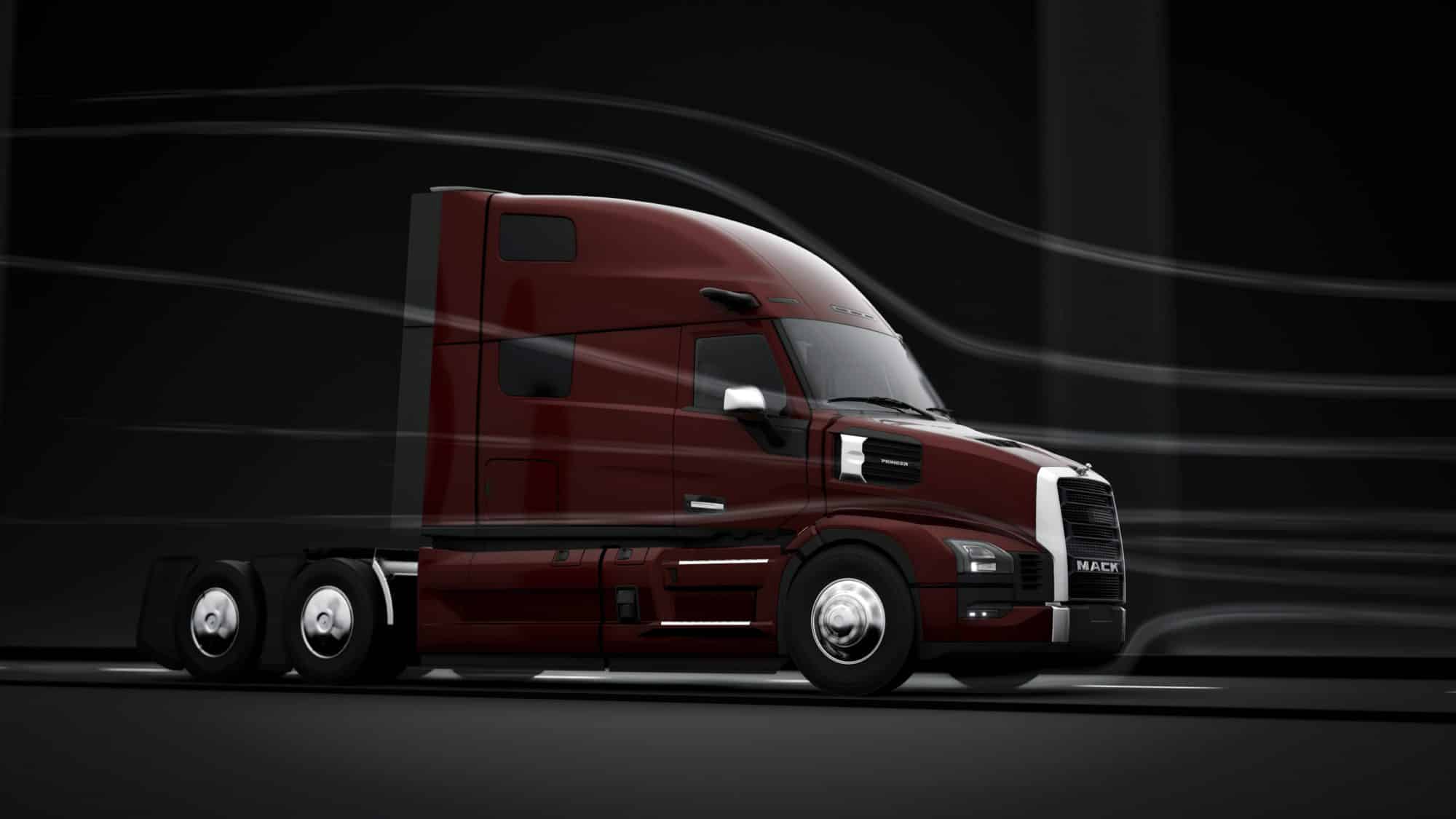 Side profile of Mack Pioneer with wind lines demonstrating aerodynamics